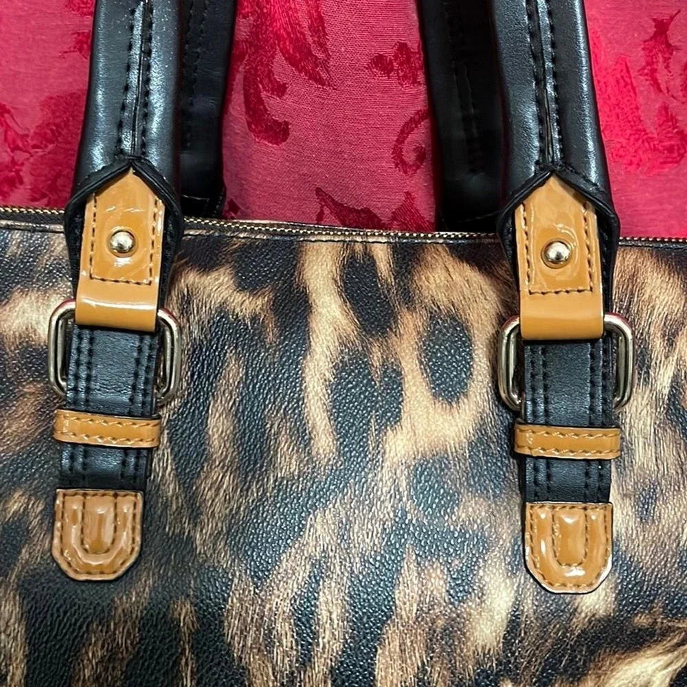 Calvin Klein Leopard Print Satchel Bag Black‎ Patent Trim Gold Hardware Handbag